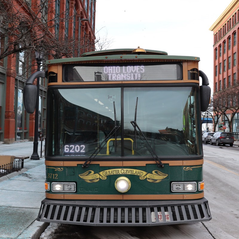 A trolley on a Cleveland city street